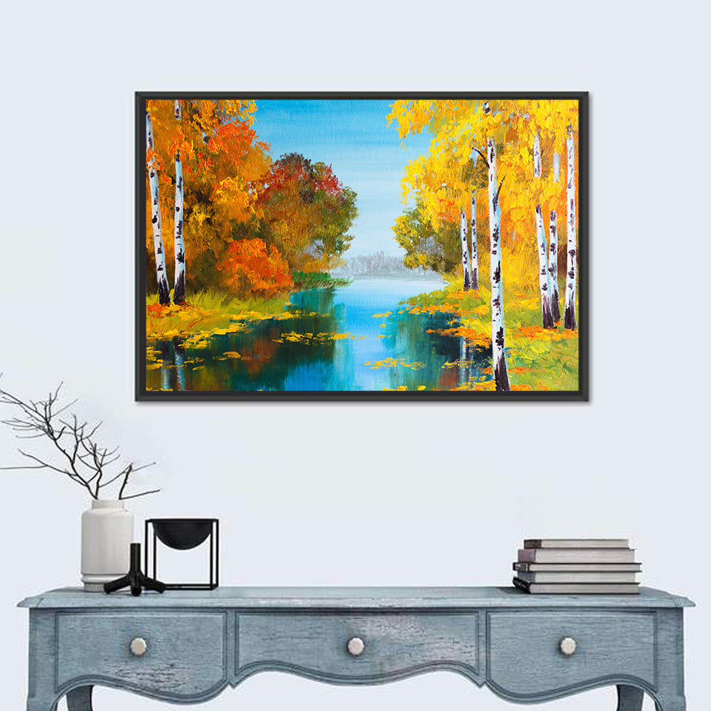 Autumn Birch River Reflection Wall Art in a room, landscape