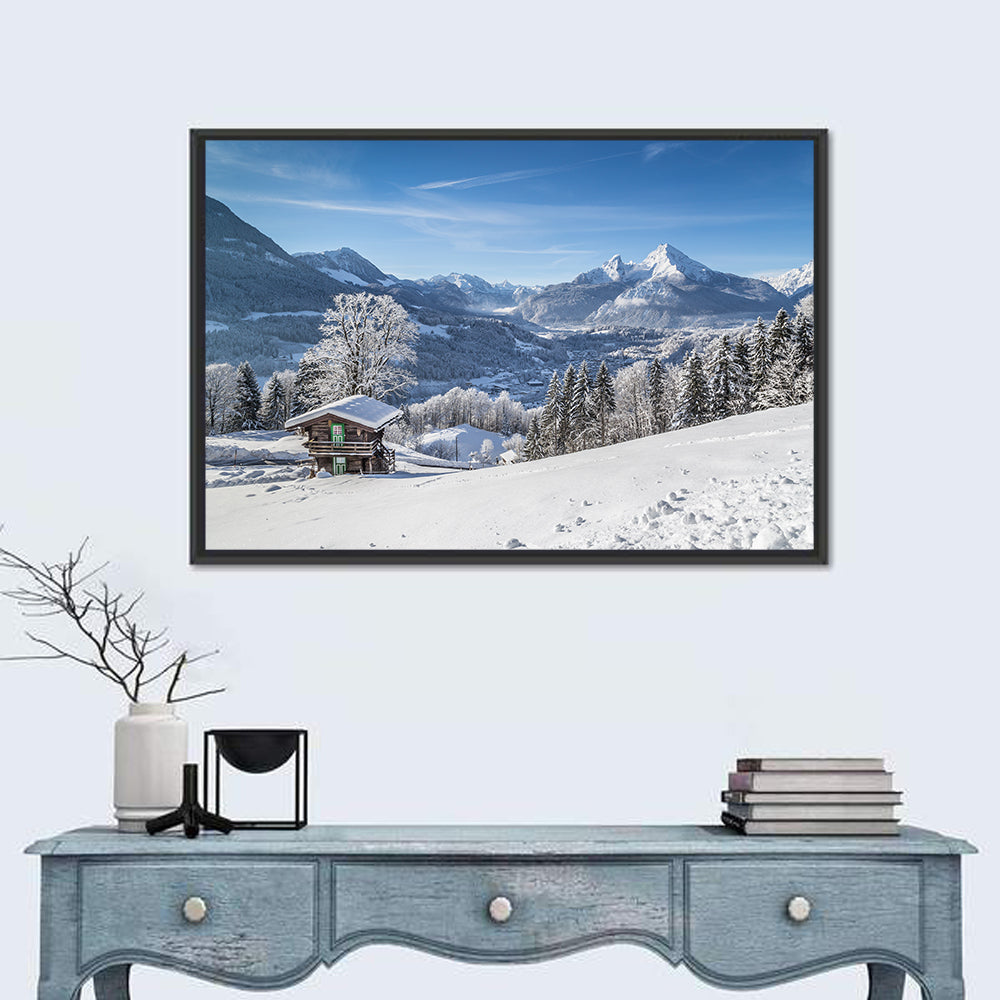Berchtesgaden Alpine Cabin Scene Wall Art in a room, landscape