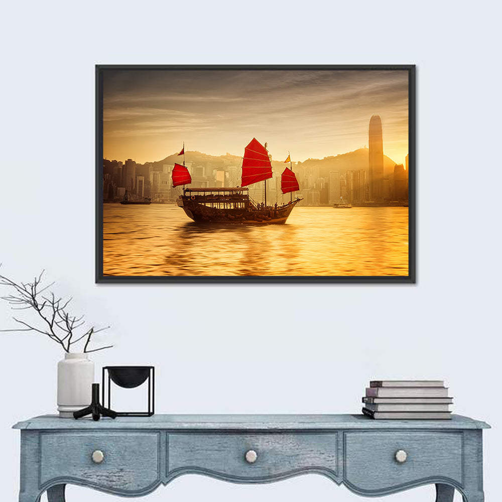 Victoria Harbour Sunset Skyline Wall Art in a room, landscape