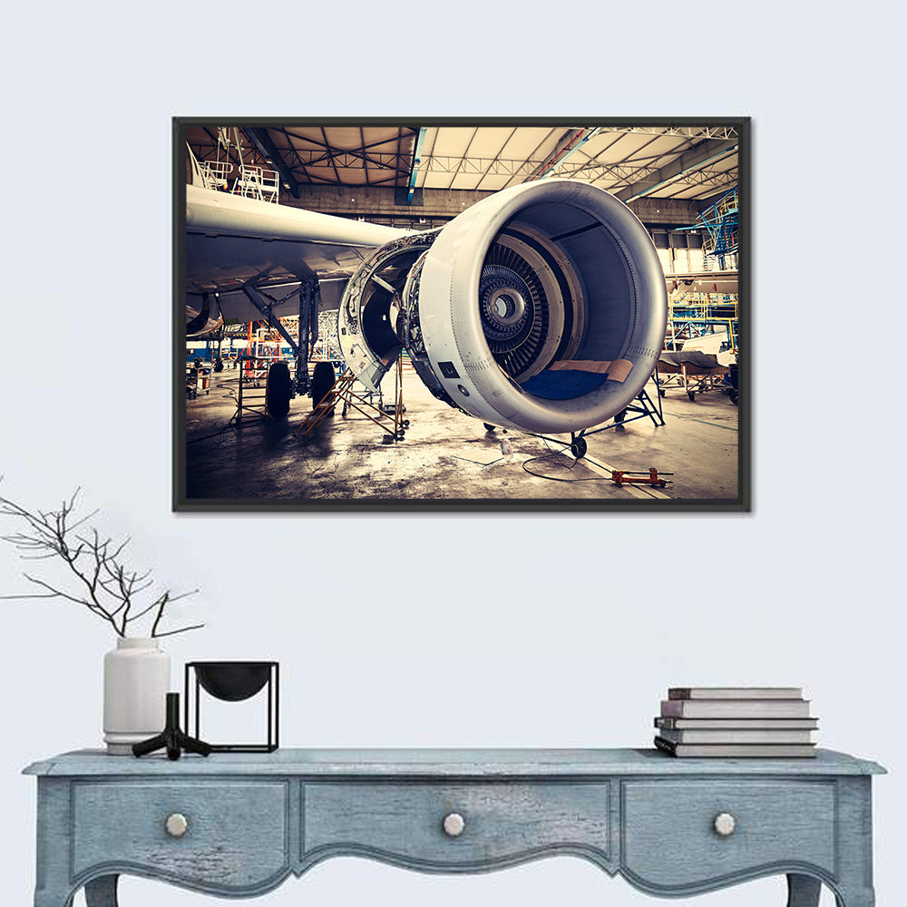 Open Jet Engine in Hangar Wall Art