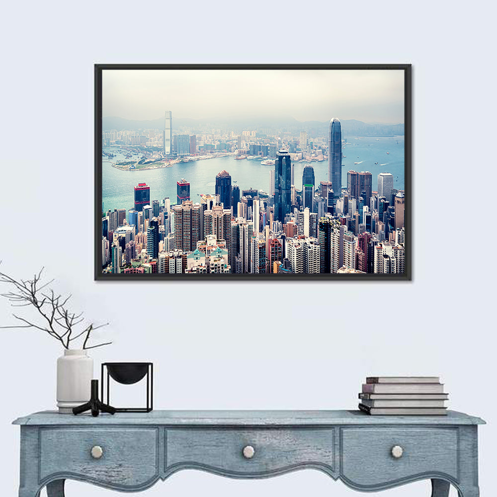 Victoria Harbour Hong Kong Skyline Wall Art in a room, landscape