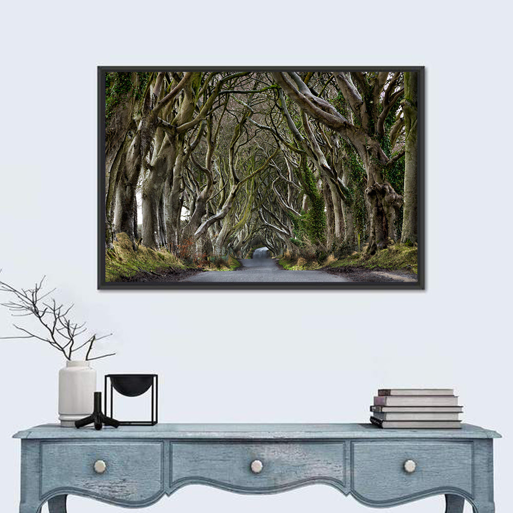 Dark Hedges Tree Tunnel Wall Art in a room, landscape