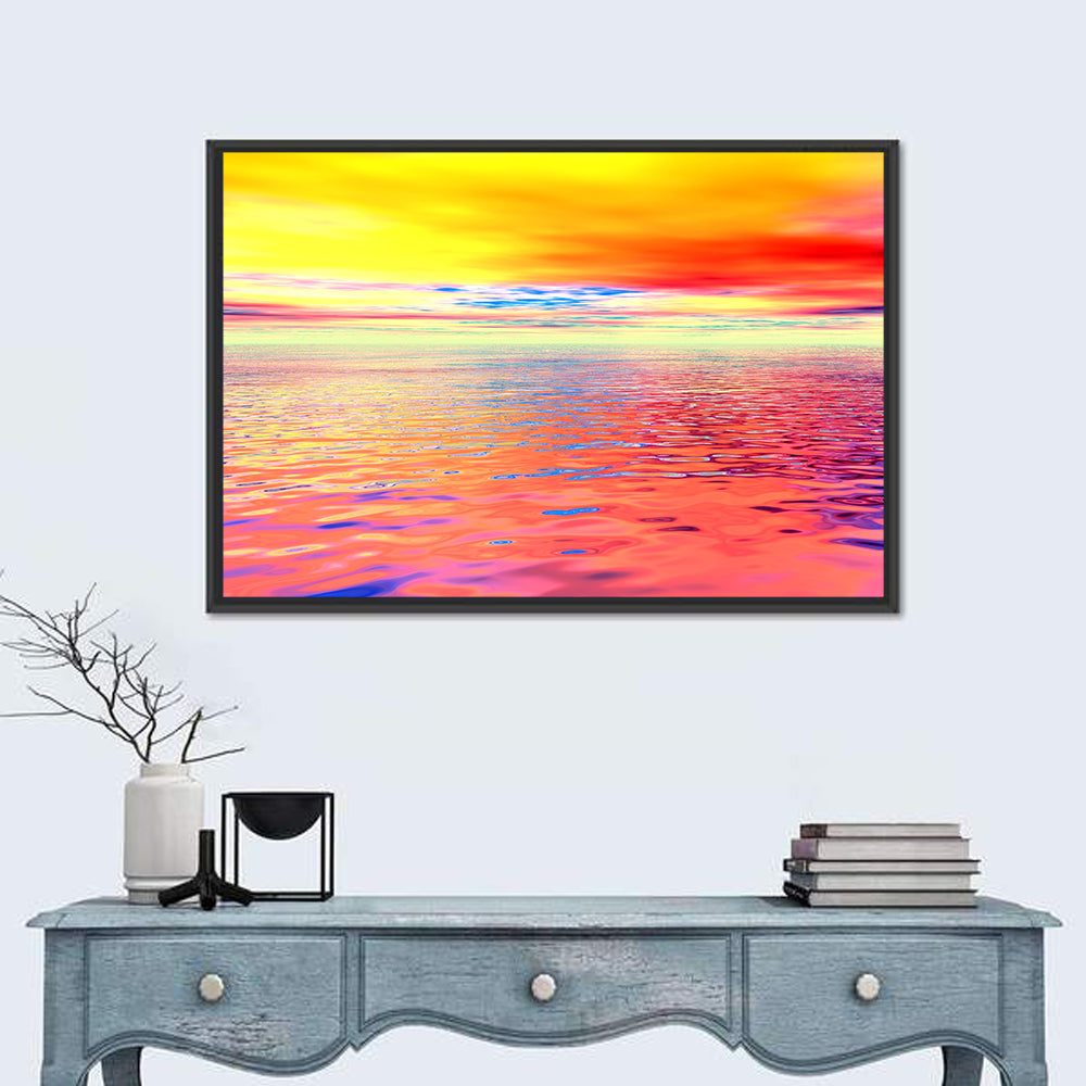 Surreal Ocean Sunset Illustration Wall Art in a room, landscape