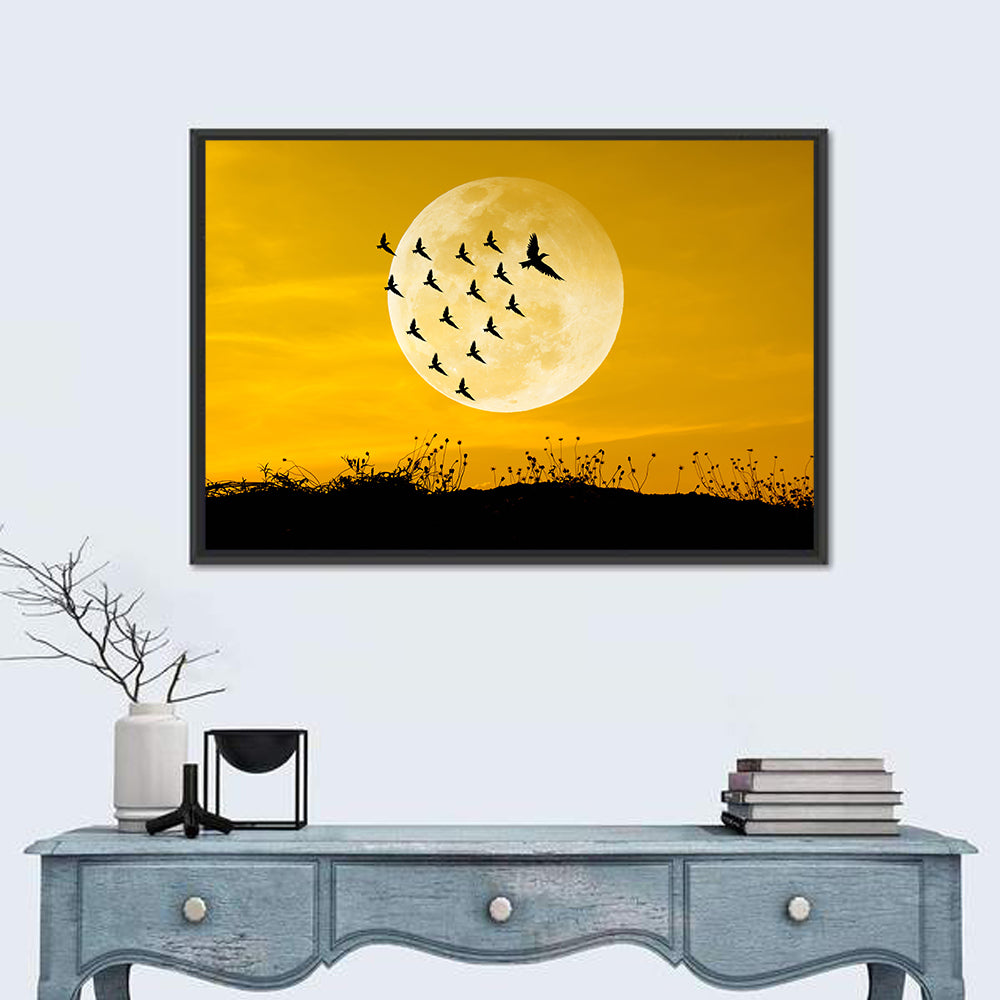 Moonlit Birds Over Wildflowers Wall Art in a room, landscape