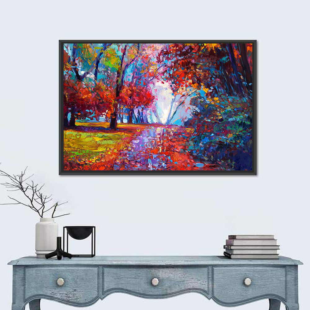 Autumn Forest Path Wall Art in a room, landscape