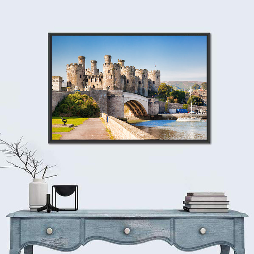 Conwy Castle and Arched Bridge Wall Art in a room, landscape