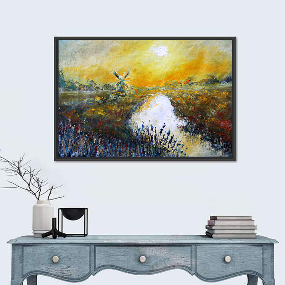 Windmill at Sunrise Over River Wall Art in a room, landscape