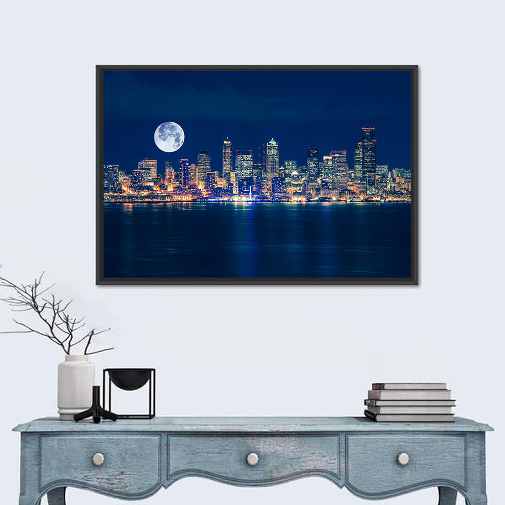 Seattle Skyline at Night Wall Art in a room, landscape