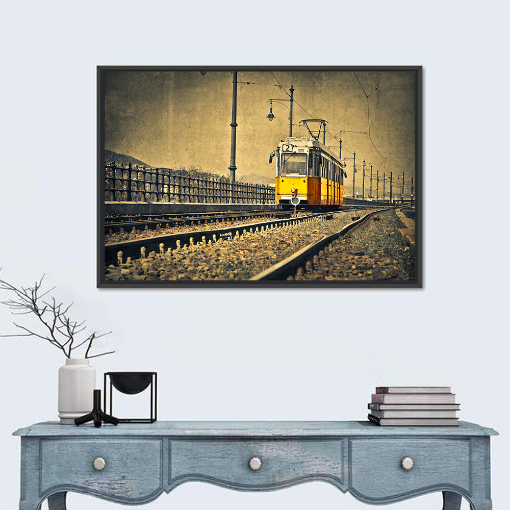 Yellow Tram No. 2 on Tracks Wall Art in a room, landscape