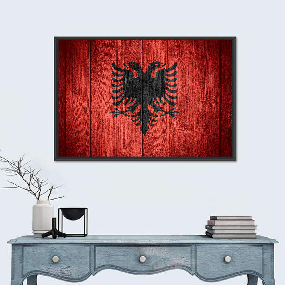 Albanian Flag Emblem Wall Art in a room, landscape