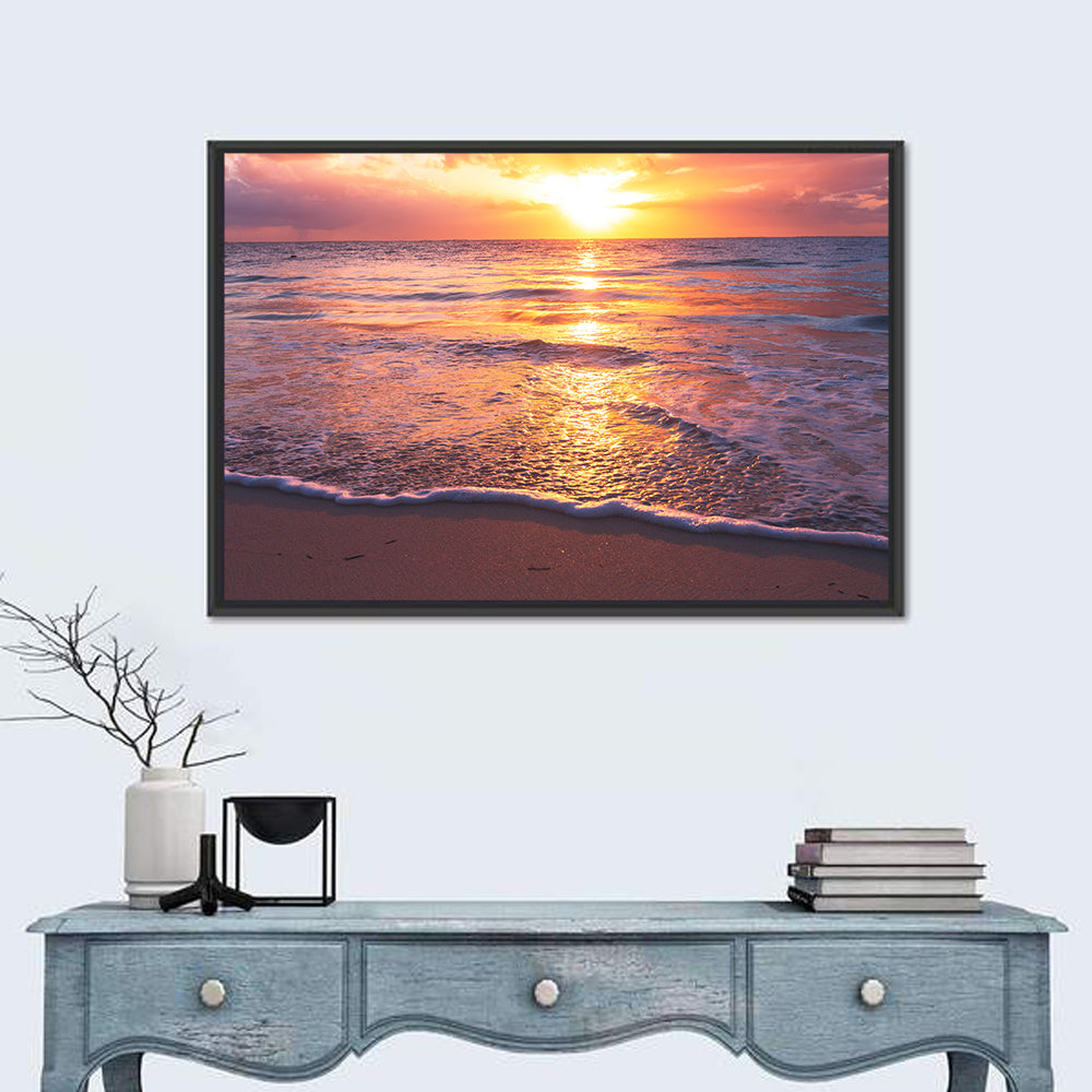 Golden Horizon Beach Sunset Wall Art in a room, landscape