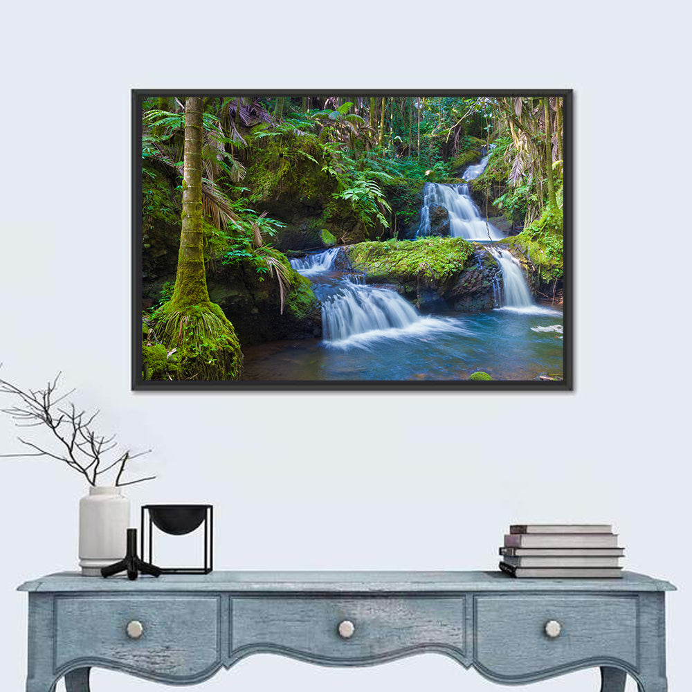 Hawaiian Rainforest Waterfalls Wall Art in a room, landscape