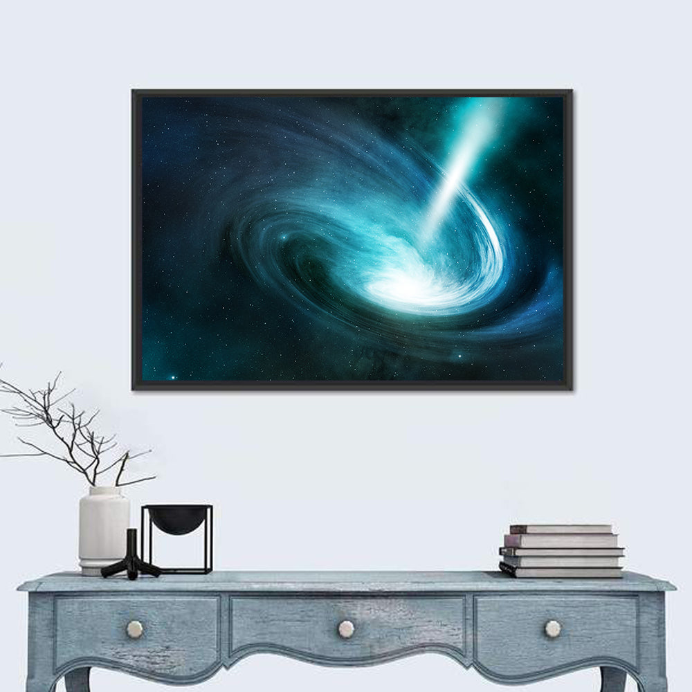 Spiral Galaxy with Radiant Jet Stream Wall Art in a room, landscape