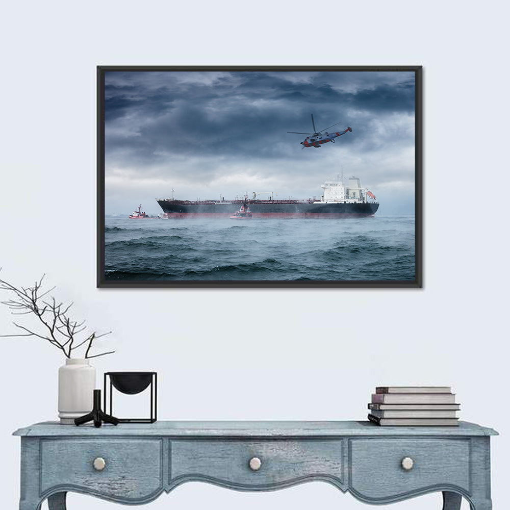 Rescue Helicopter Over Cargo Ship Wall Art