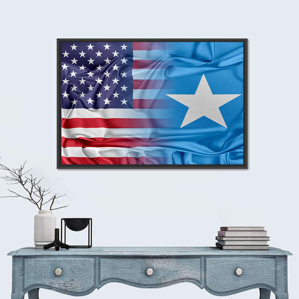 American and Somali Flags Wall Art in a room, landscape