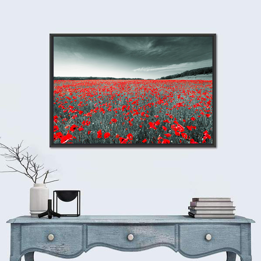 Red Poppy Field Wall Art in a room, landscape