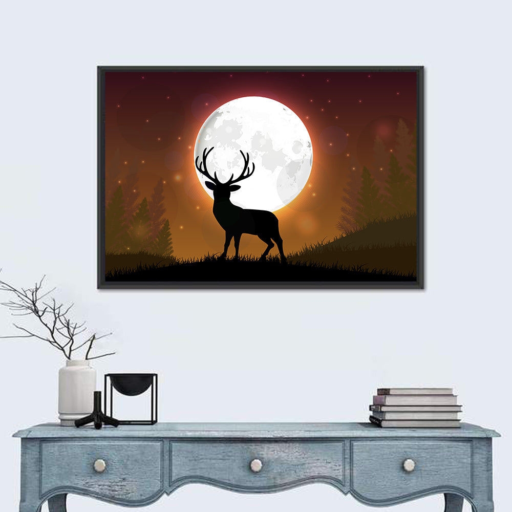Moonlit Deer on Hill Wall Art in a room, landscape