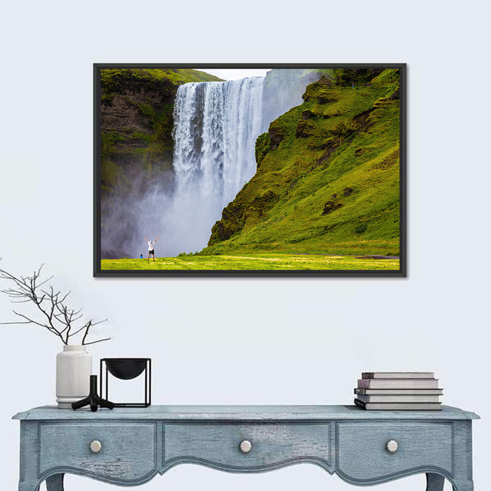 Skogafoss Waterfall with Moss Covered Cliffs Wall Art in a room, landscape