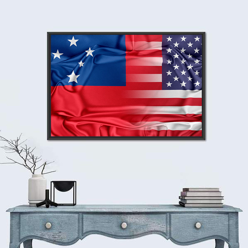 Samoa and USA Flag Blend Wall Art in a room, landscape