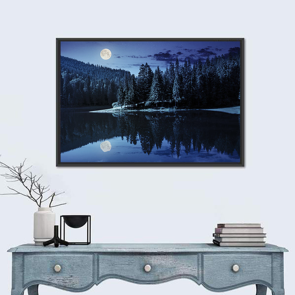 Moonlit Pine Lake Wall Art in a room, landscape