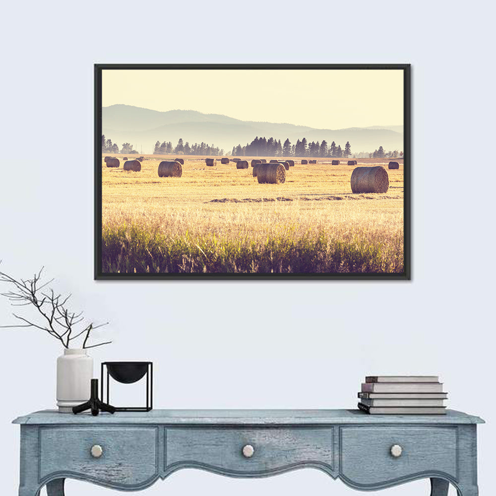 Golden Hay Bales Field Wall Art in a room, landscape