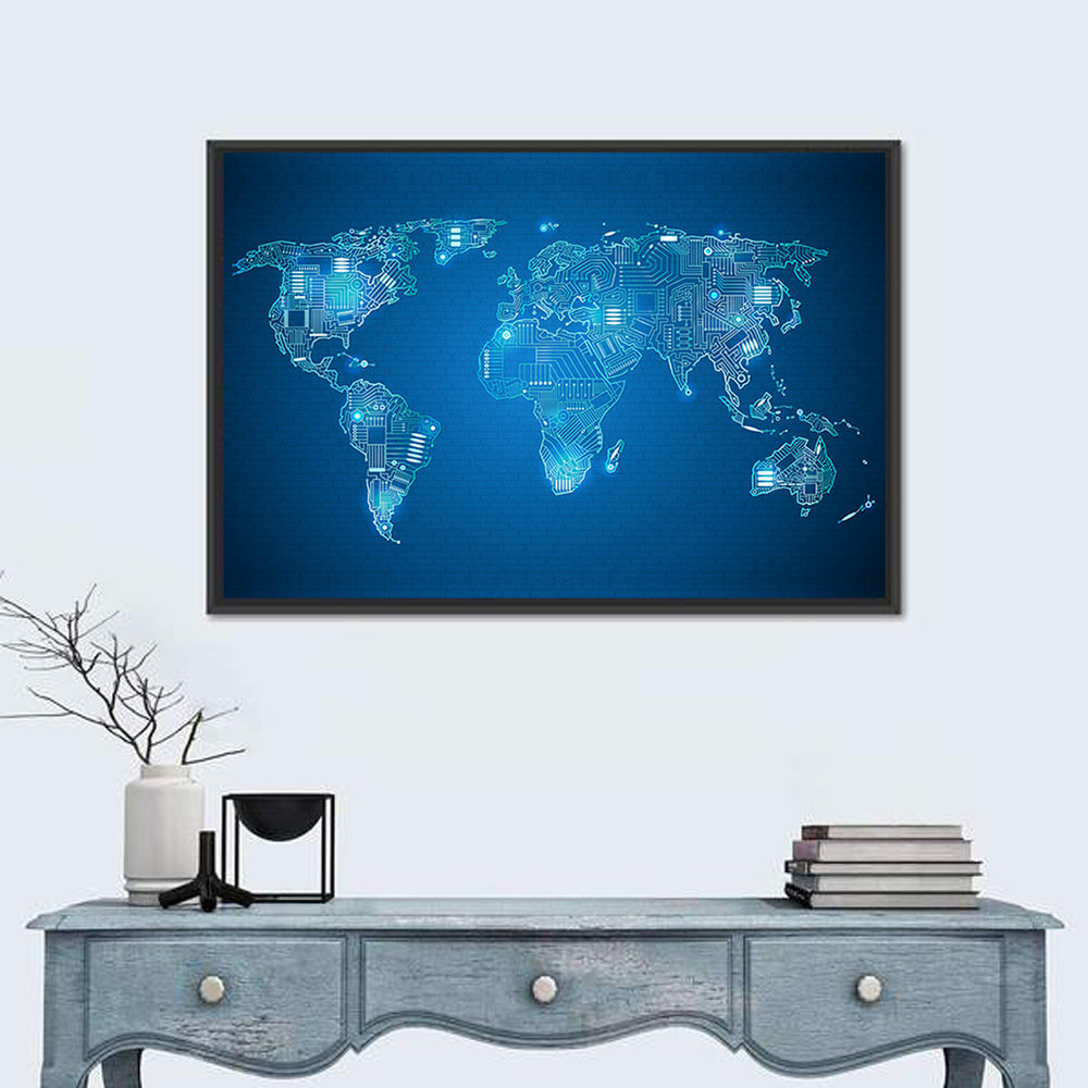 Digital Circuit World Map Wall Art in a room, landscape