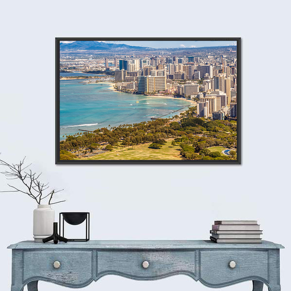 Waikiki Beach and Honolulu Skyline Wall Art in a room, landscape