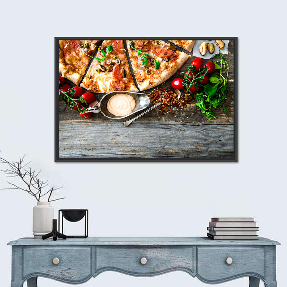Seafood Pizza with Mussels and Tomatoes Wall Art in a room, landscape