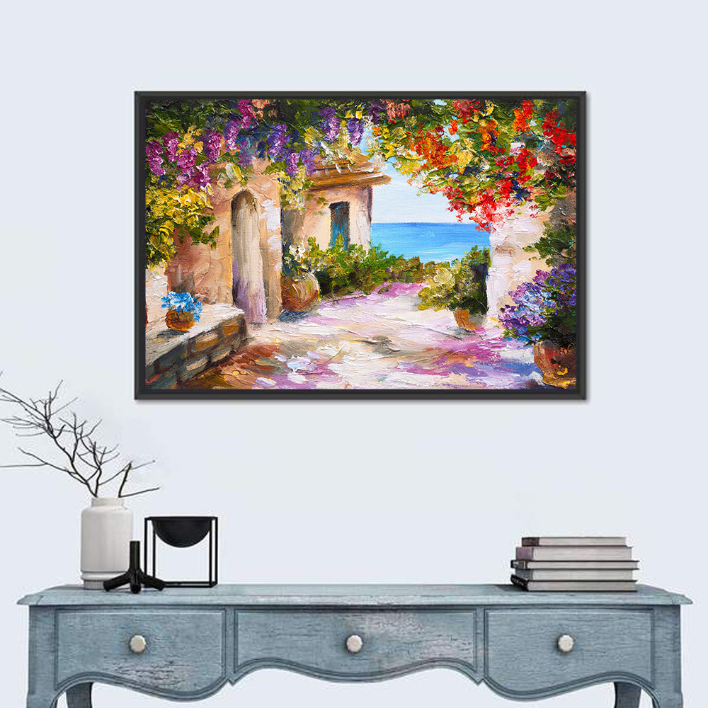 Mediterranean Summer Terrace Wall Art in a room, landscape