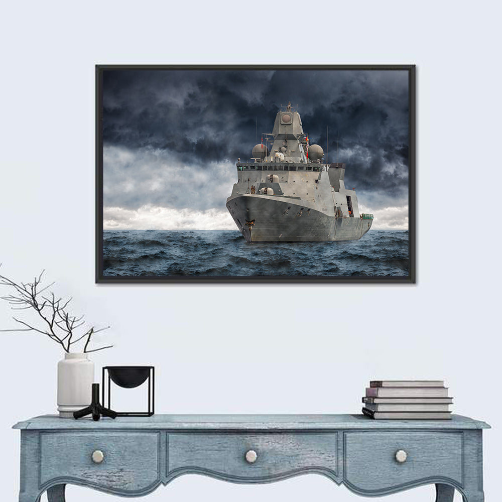 Frigate in Stormy Sea Wall Art in a room, landscape