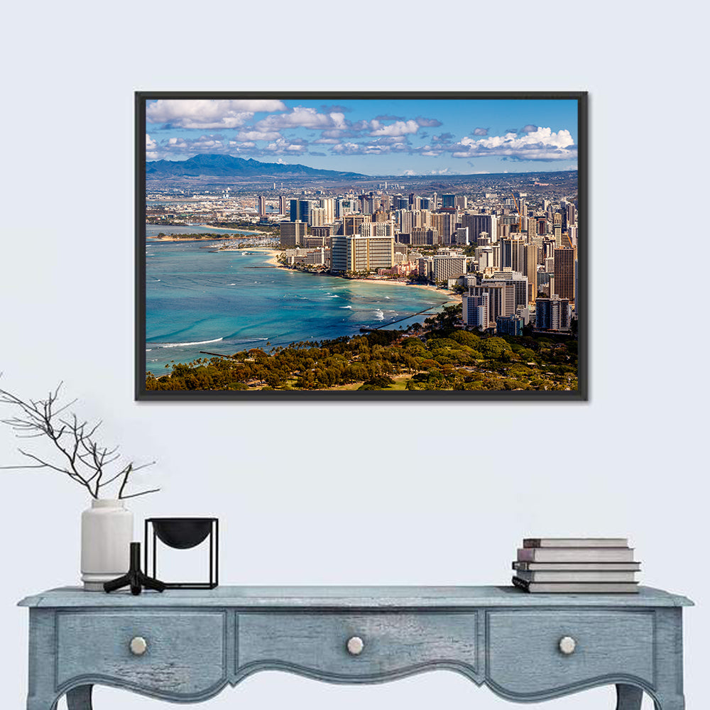 Honolulu Skyline Over Waikiki Beach Wall Art in a room, landscape