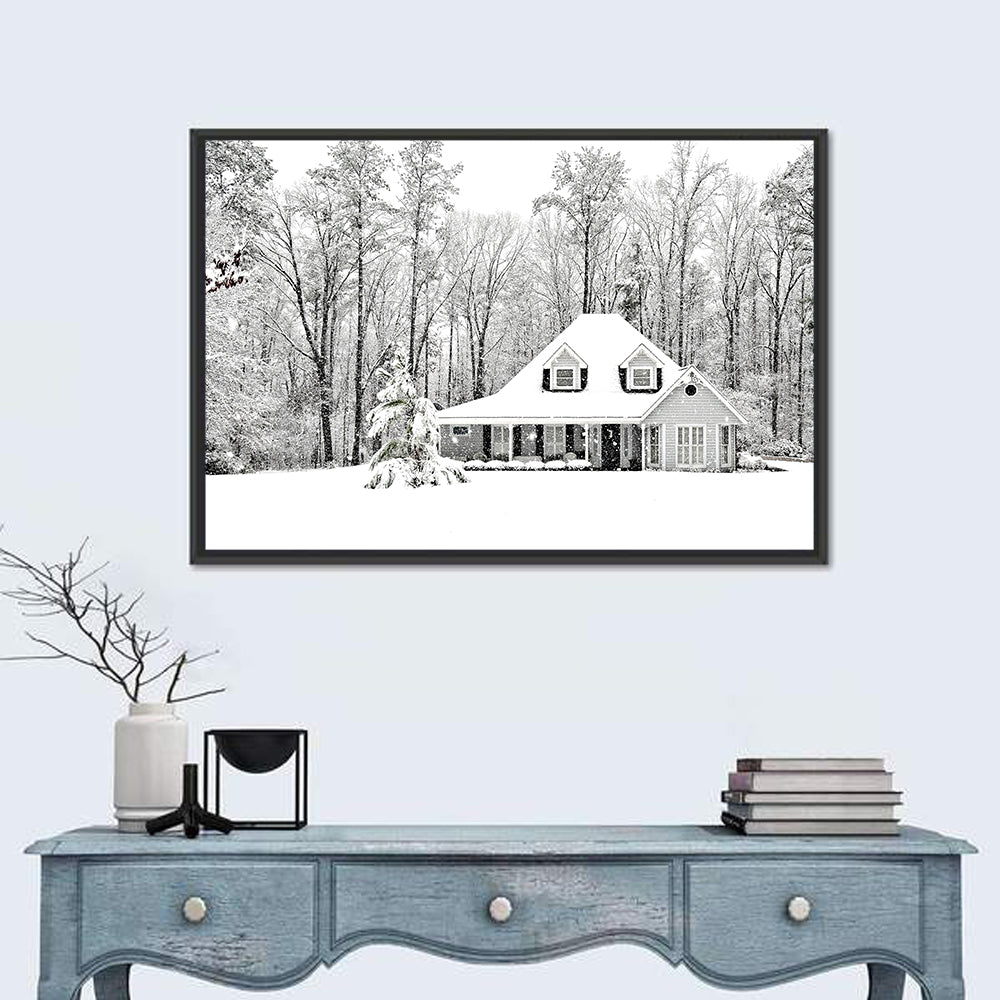Frosty Winter House Landscape Wall Art in a room, landscape