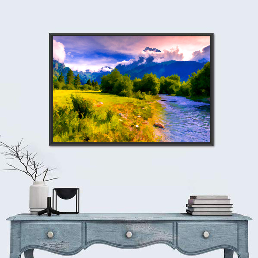Mountain River Through Meadow Wall Art in a room, landscape