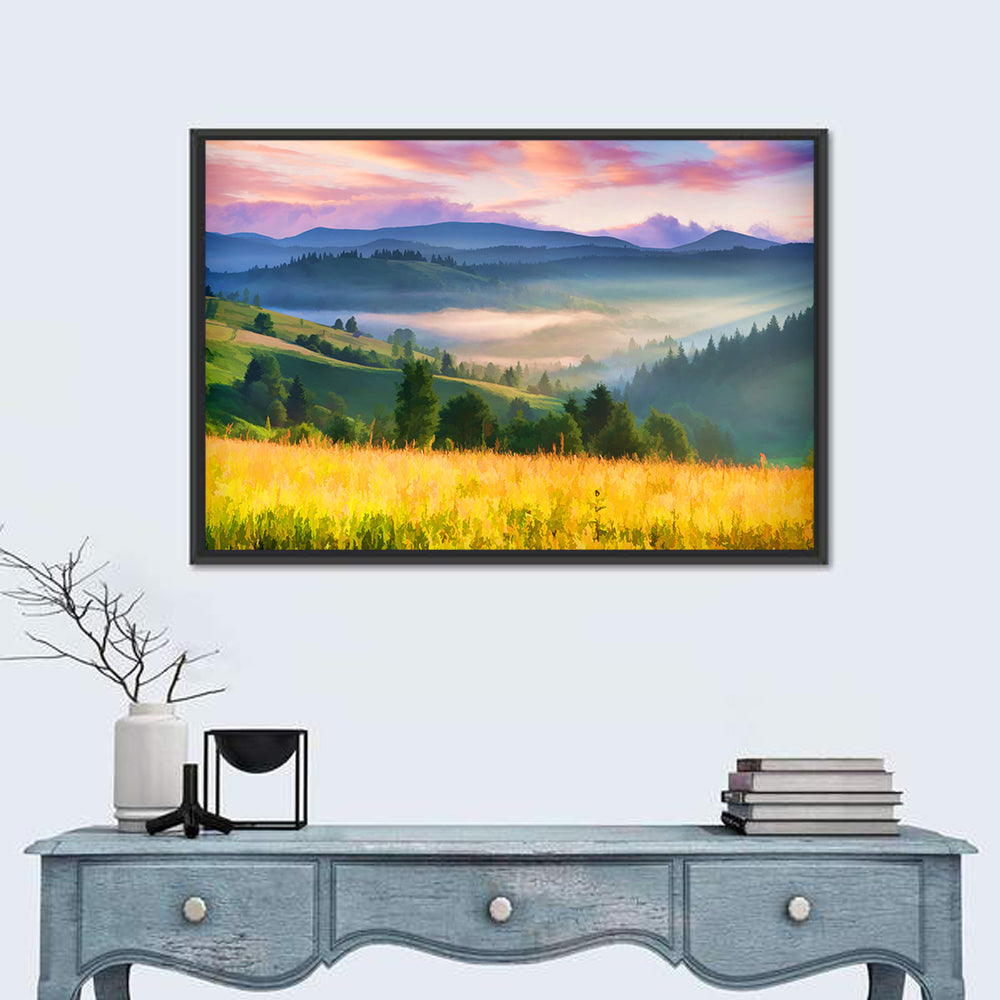 Sunrise Mist Over Mountain Meadow Wall Art in a room, landscape