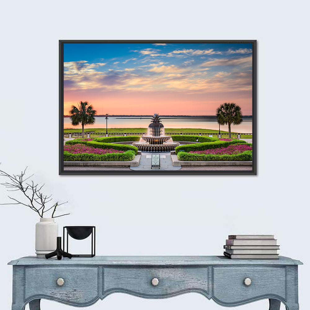 Charleston Pineapple Fountain at Sunset Wall Art