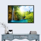 Forest Waterfall at Sunlit Lake Wall Art