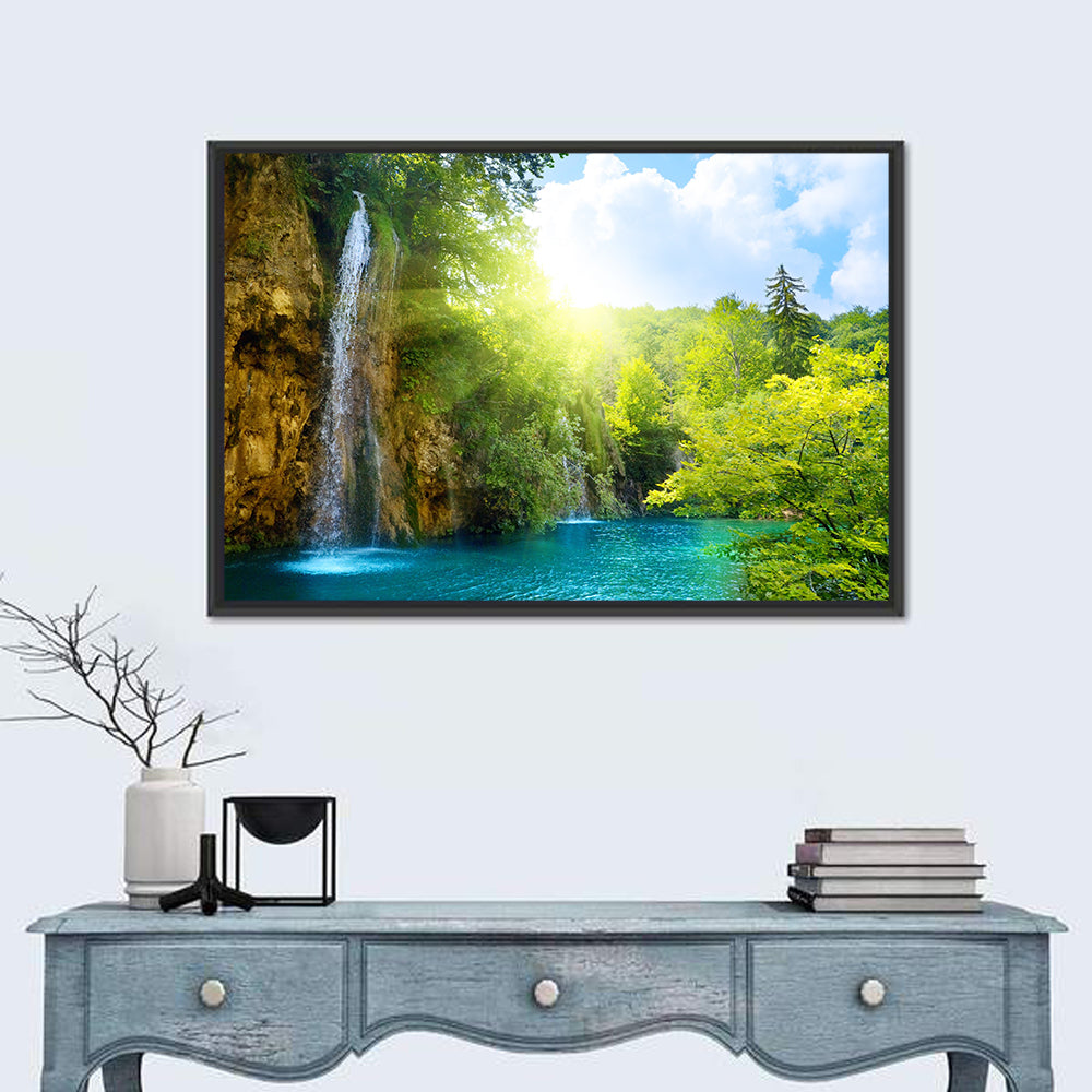 Forest Waterfall at Sunlit Lake Wall Art