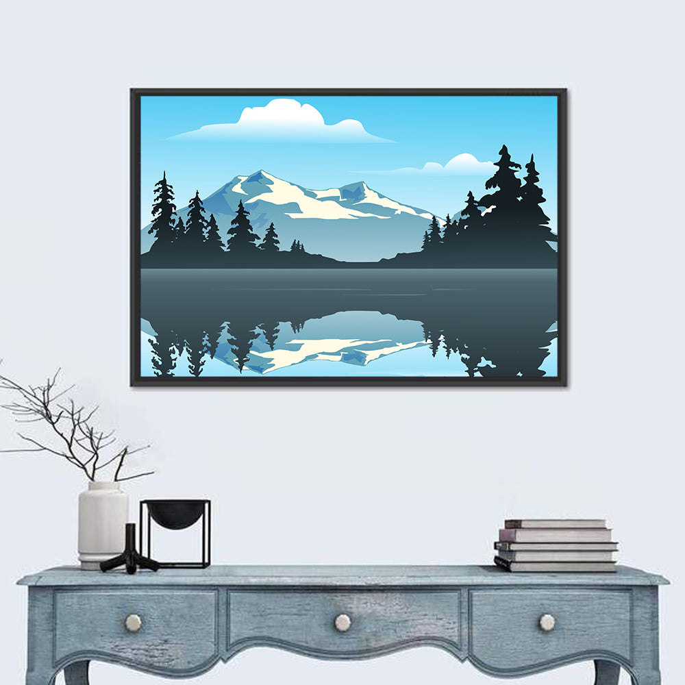 Mountain Lake Reflection Illustration Wall Art in a room, landscape