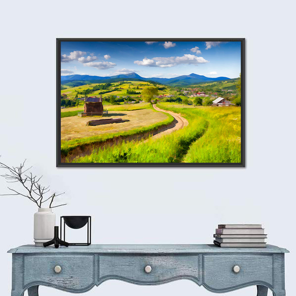 Summer Mountain Village Wall Art in a room, landscape