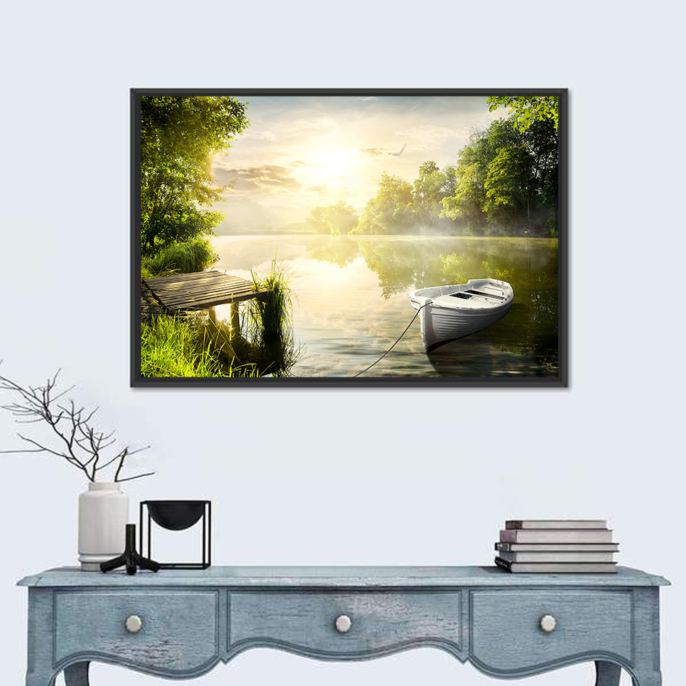Rowboat at Misty Dock Wall Art in a room, landscape