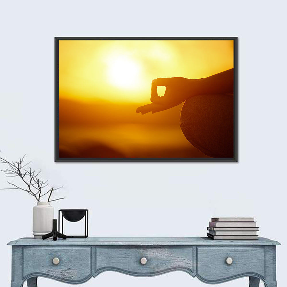 Lotus Pose on Beach at Sunset Wall Art in a room, landscape