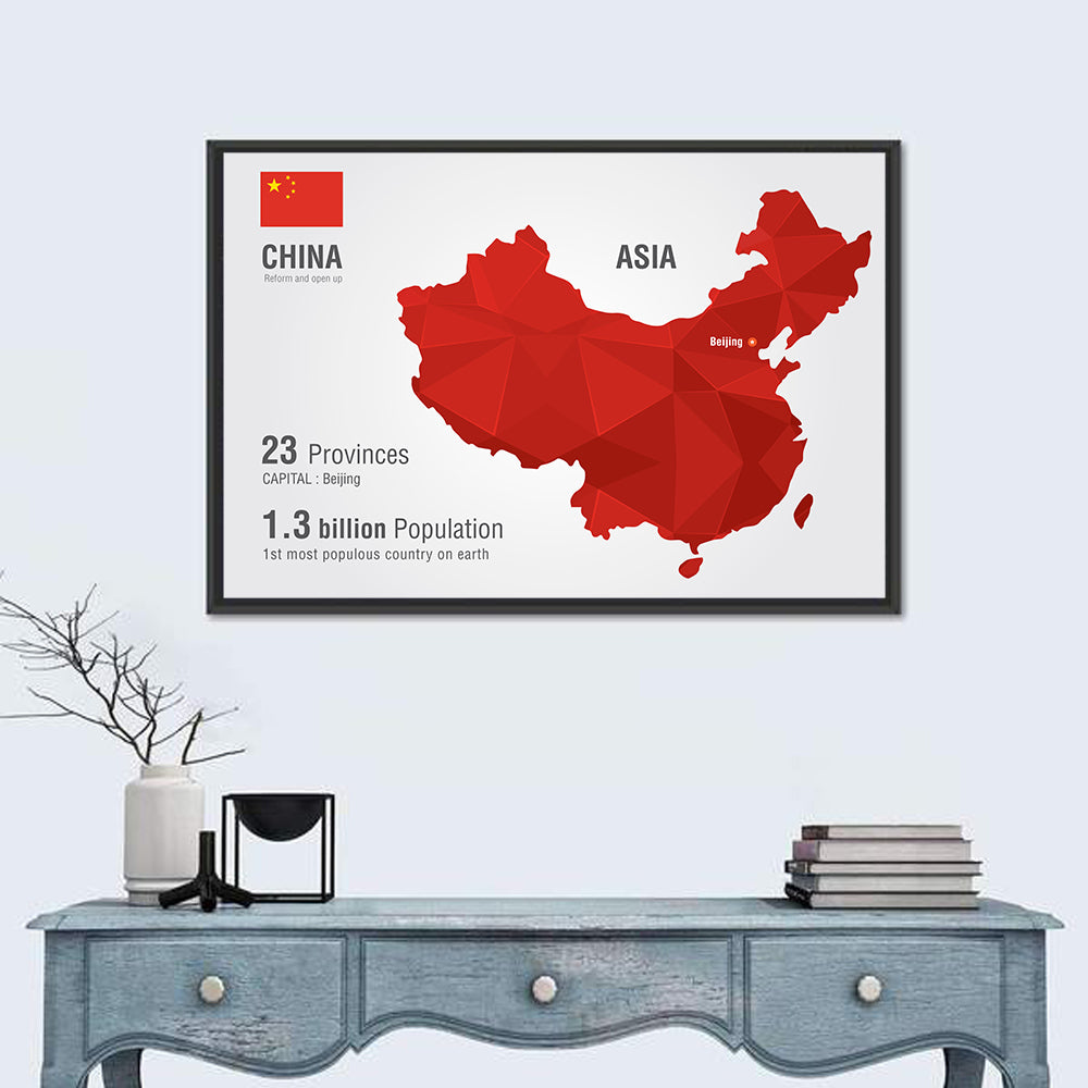 Geometric China Map Infographic Wall Art in a room, landscape