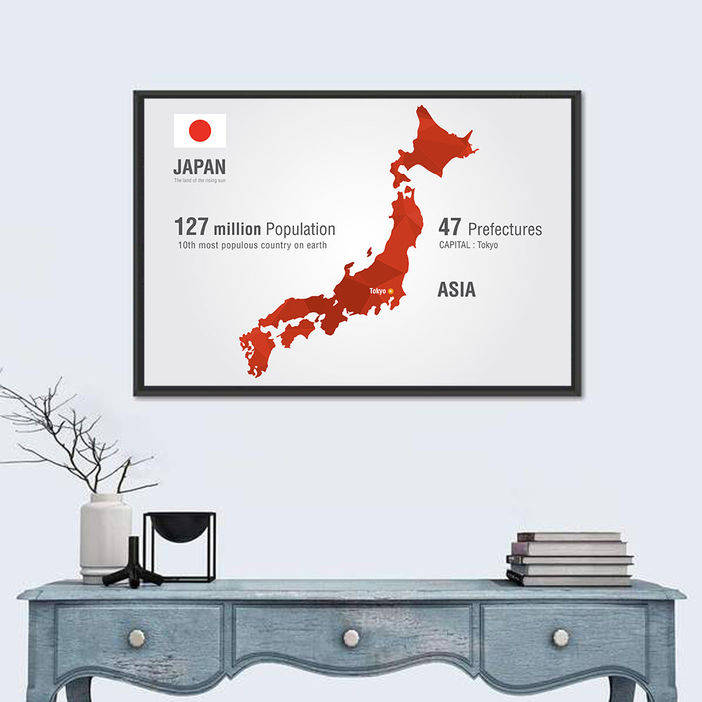 Japan Map Infographic with Tokyo Marker Wall Art in a room, landscape