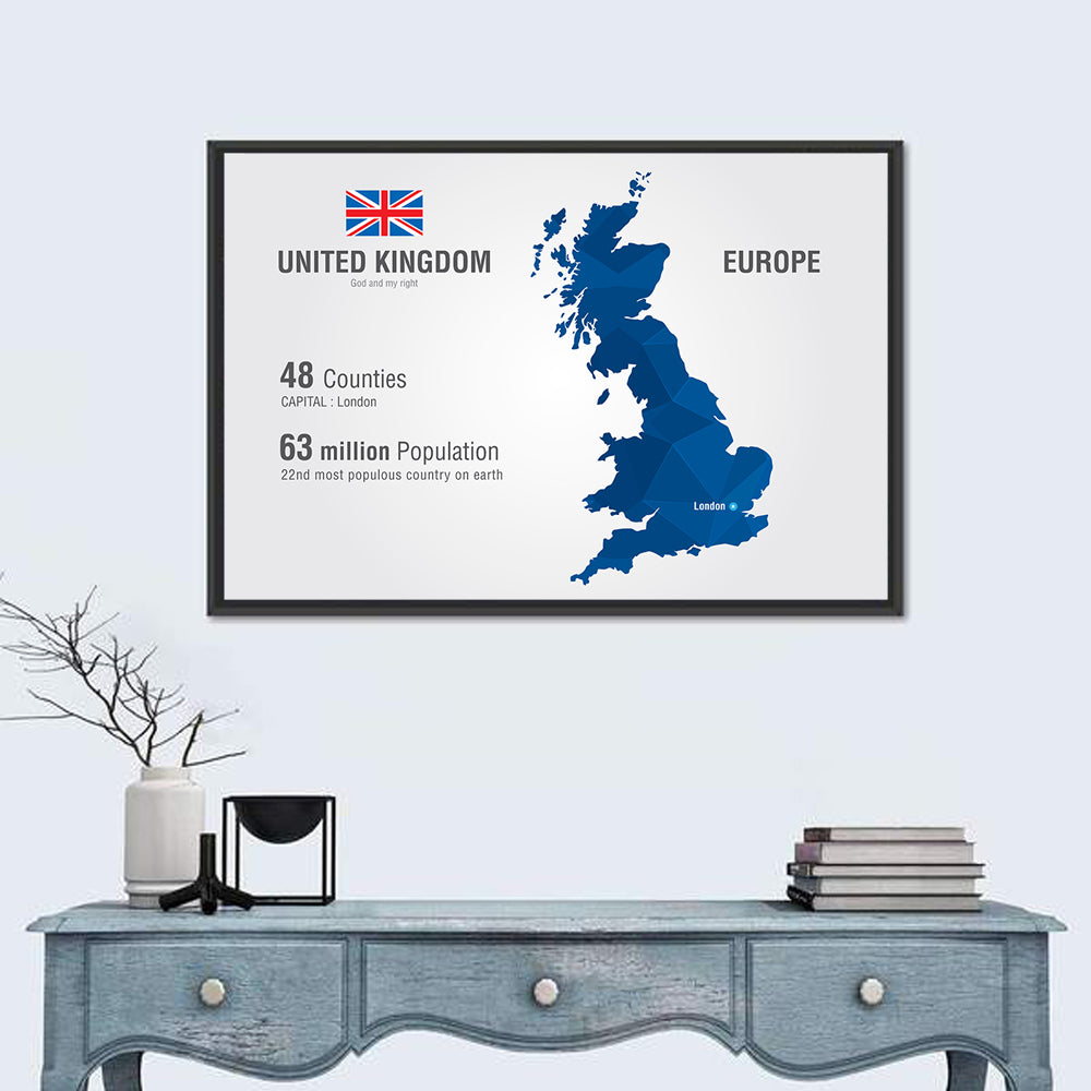Polygonal United Kingdom Map Wall Art in a room, landscape