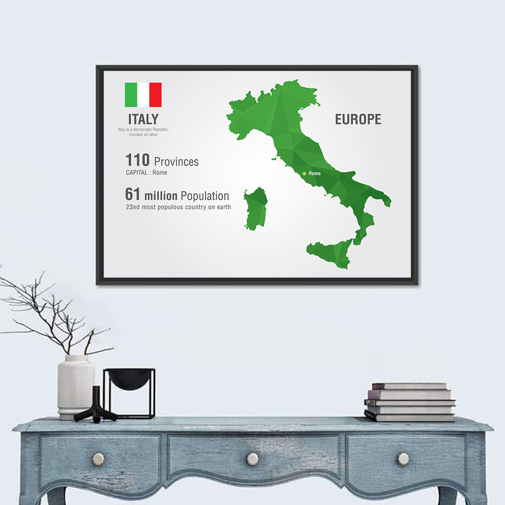 Geometric Italy Map Infographic Wall Art in a room, landscape
