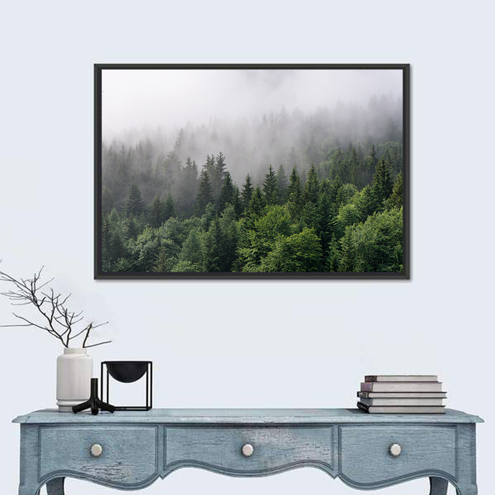 Misty Evergreen Forest Overview Wall Art in a room, landscape