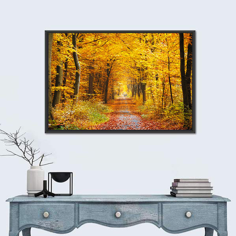 Autumn Forest Path Wall Art in a room, landscape