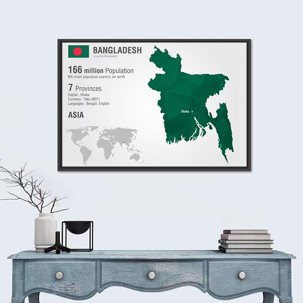 Bangladesh Map with Dhaka Marker Wall Art