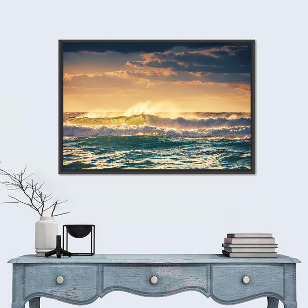 Golden Hour Breaking Waves Wall Art in a room, landscape
