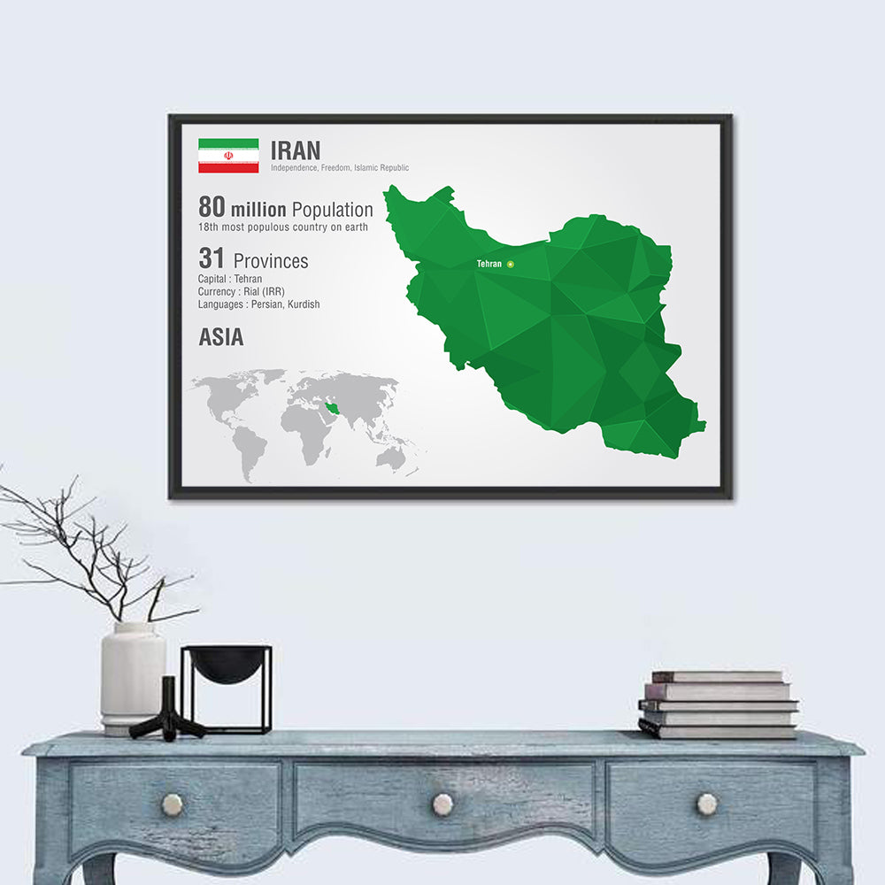 Low Poly Iran Map Wall Art in a room, landscape